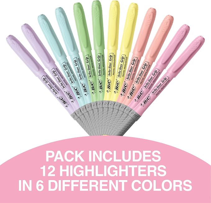 BIC Brite Liner Grip Pastel Highlighter Set, Chisel Tip, School Supplies for Students and Teachers, 12-Count Pack in Pastel Assorted Colors