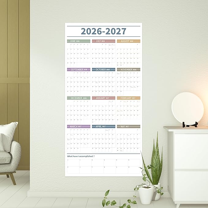GuassLee Large Yearly Wall Calendar 2026-2027, Full Year Calendar One Page, Jun. 2026- May 2027, Annual Wall Calendar 2026, 24"X 48" Wall Calendar 2026 Large with Foam Stickers