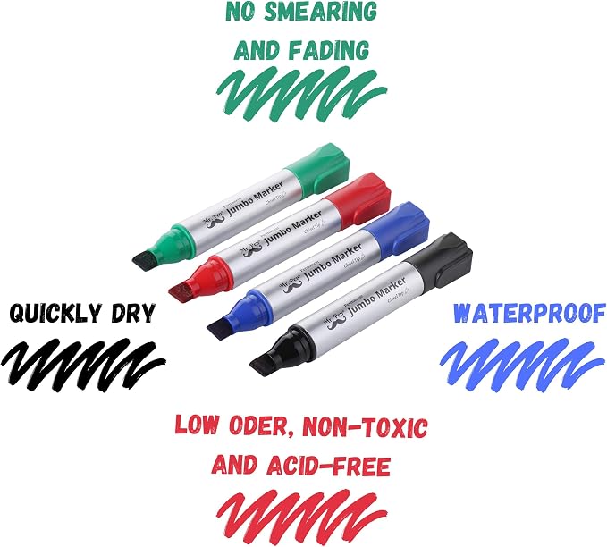 Mr. Pen- Jumbo Permanent Markers, 4 Pack, Assorted Color, Chisel Tip | Wide Tip, Large, Thick Permanent Markers for Canvas, Posters Board, Fabric, Window, Glass, Wood, Waterproof, Quick Dry