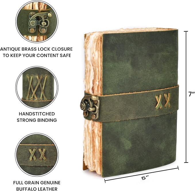 LEATHER VILLAGE Leather Bound Vintage Journal for Women & Men - Book of Shadows - Lock Closure - 200 Pages of Antique Deckle Edges Handmade Watercolor Paper - Green - 7X5 inches