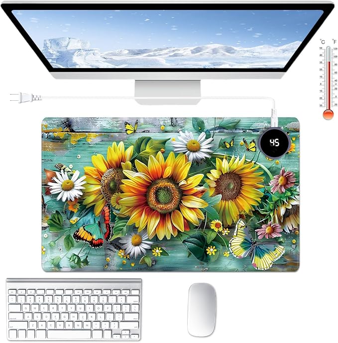 Heated Desk Pad Large Mouse Pad 23.6 x 14.1 inch with 3 Levels Heating & Auto Shut-Off Warm Mouse pad PU Leather Computer Mousepad for Home Office Work - Flower Butterflies