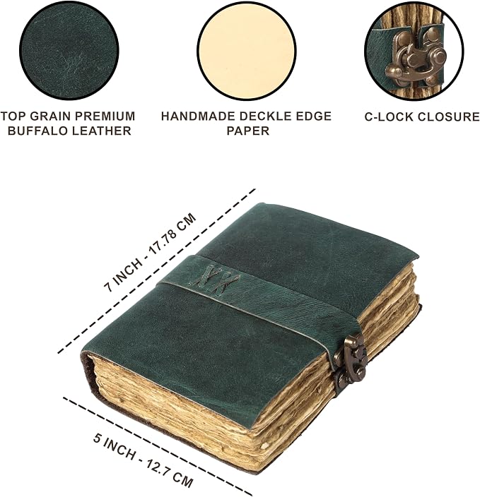 Vintage Leather Journal Handmade Buffalo Deckle Edge Paper – Leather Bound Journal for Women Men Vintage C-Lock Closure Ideal for Writing & Travel for Artists