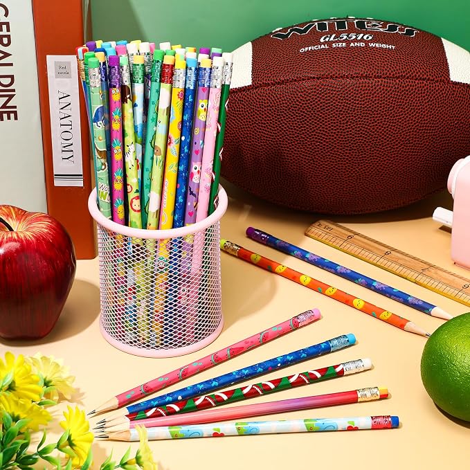Sabary 300 Pcs Assorted Wood Pencil Bulk 50 Styles #2 HB Colorful Novelty Fun Dinosaur Animals Fruits Sports Pencils with Erasers for Teacher Reward
