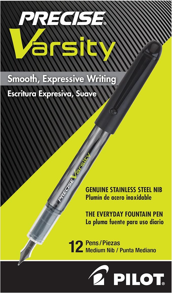 Pilot Precise Varsity Pre-Filled Fountain Pens for Writing, Medium Point Stainless Steel Nib, Blue Ink, 1.0mm, 12-Pack