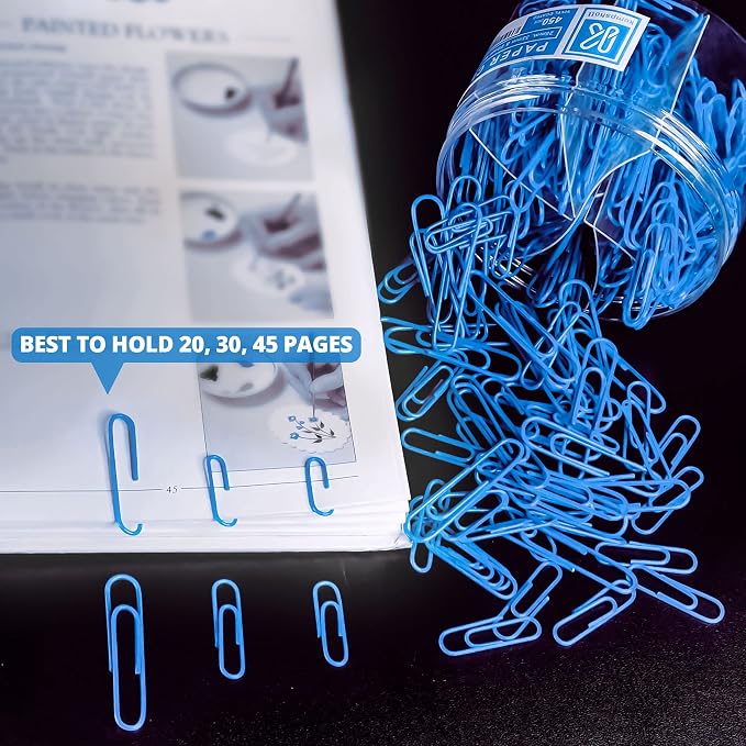 Kempshott 450 Blue Color Paper Clips Assorted Sizes Small, Medium and Large Paper Clips for Paperwork Ideal for Home, School and Office Use (Assorted, Blue)