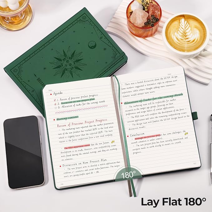 EMSHOI Lined Journal Notebook, 320 Numbered Pages, A5 Size (5.7'' x 8.3'') | Leather Hardcover, 100 GSM Thick Paper, for Women & Men, Journaling, Writing, Work & Office, Sun Debossed (Dark Green)