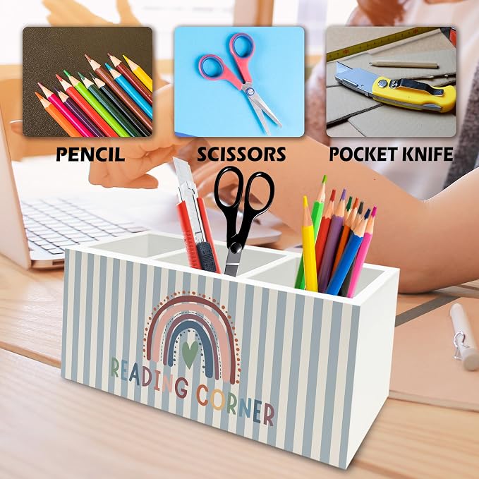 Reading Corner Decor Pen Pencil Holder Organizer for Desk, Boho Rainbow Bookish Wooden Box Signs Decorations for Reading Nook Room Library Desk Tabletop, Book Lover Reader Bookworm Gifts