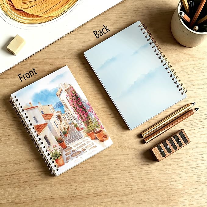 Coastal Village Scenery Journal Notebook 5.5x8.3, Greek Island Coastal Seascape Journal, Traveler Gifts, Romantic Mediterranean Landscape Notebooks for Work