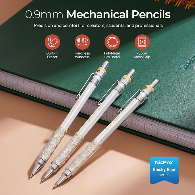Nicpro Blocky Gear 0.9 mm Mechanical Pencils Set in Case, 3 Pack | Metal Pencil 8 Tube with Lead Refills 0.9mm (HB 2B), 3 Erasers for Professional & Adult Art Writing Drafting Drawing