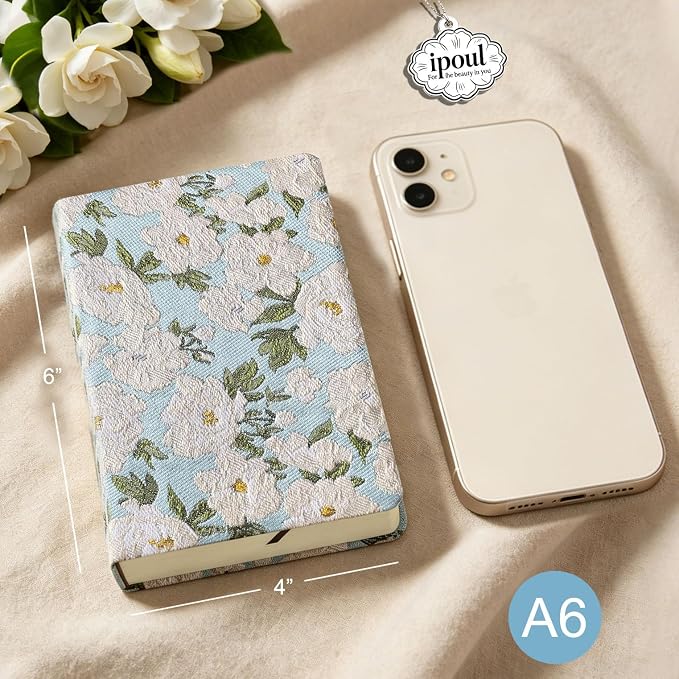 Pocket Notebook, A6, 4x6, Small Embroidered Journal, Cute Notebook, Lay Flat, Hardcover, Lined Notebook & Sketchbook, Personal Writing Journal for Women, Blue Journal, White Gardenia Flower