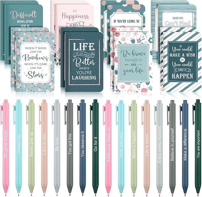 Funrous 32 Pcs Motivational Quote Pens Inspirational Notepads Mini Journal with Ballpoint Pen Small Notebooks Gift for Men Women Coworker Adult Party Favors Prize Teacher Student Office(Floral)