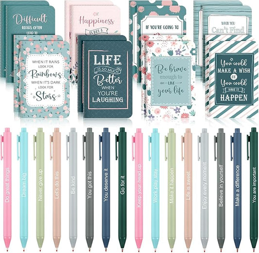 Funrous 32 Pcs Motivational Quote Pens Inspirational Notepads Mini Journal with Ballpoint Pen Small Notebooks Gift for Men Women Coworker Adult Party Favors Prize Teacher Student Office(Floral)