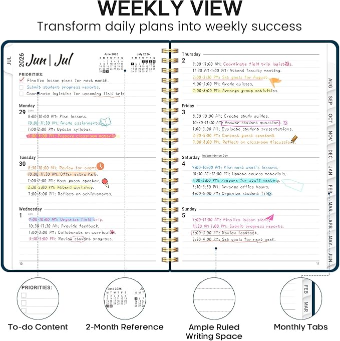 Academic Planner 2026-2027, Weekly and Monthly Calendar Planner Book, July 2026 – June 2027, Hardcover Organizer with Tabs, Perfect for Teachers, Students, Women & Men, A5 (6.4" x 8.5") - Navy