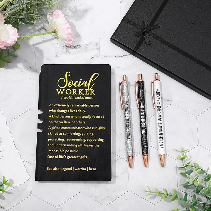 Resurhang 5 Pcs School Social Worker Must Haves Office Supplies Gift Leather Journal Notebook 3 Ballpoint Pens with Box Thank You Social Work Appreciation Gift for BSW MSW DSW(Black)