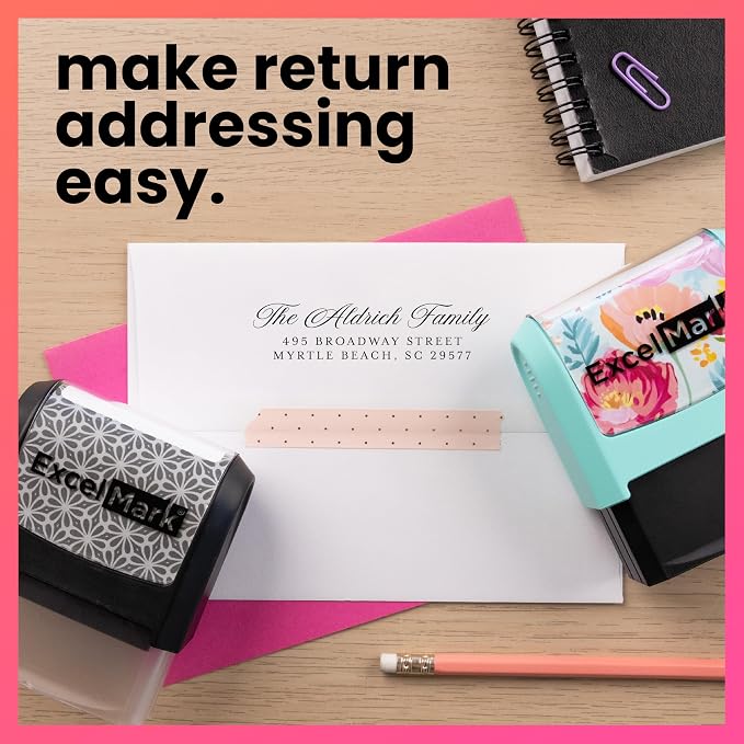 ExcelMark Address Stamp - Custom Return Address Stamp with Elegant Designs, Vibrant Colors & Patterns – Perfect for Mail, Invitations & Gifts (Black, Heritage Classic)