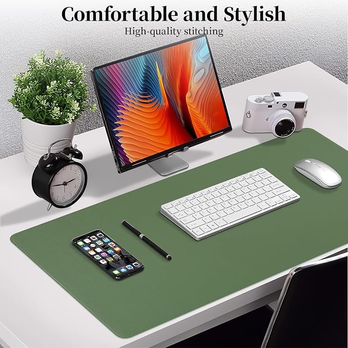 Olive Green Leather Desk Mat Large Mouse Pad, Waterproof Desk Pad for Keyboard and Mouse, Non-Slip Computer Desk Protector, Smooth Mouse Movement Desk Mat for Home and Office(31.5"×15.7")