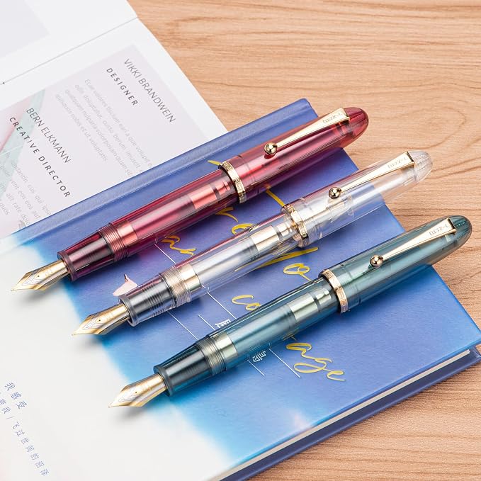 Jinhao 9019 DaDao Series Fountain Pen, Size 8 Fine Nib with Refillable Large Ink Converter, Transparent Clear Acrylic Design Smooth Writing Pen (Gold Trim)