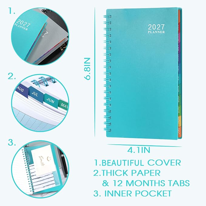 2027 Pocket Calendar/Planner - Weekly & Monthly Pocket Planner for Purse, Jan. 2027 - Dec. 2027, 6.8" x 4.1", Strong Twin - Wire Binding, Plastic Cover