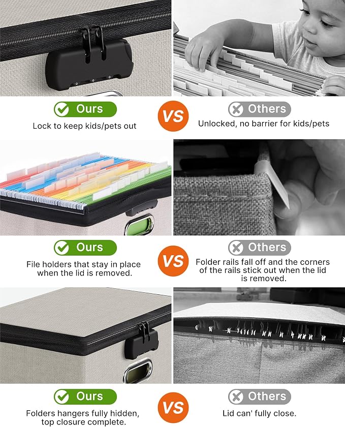 Oterri Lockable File Box Small 1-Pack Hanging Organizer for Letter-Size | Dustproof Lid. 3 Mesh Pockets. Collapsible Scratch-Resistant GRS Linen. Slide Rails. Office, Home, Dorm