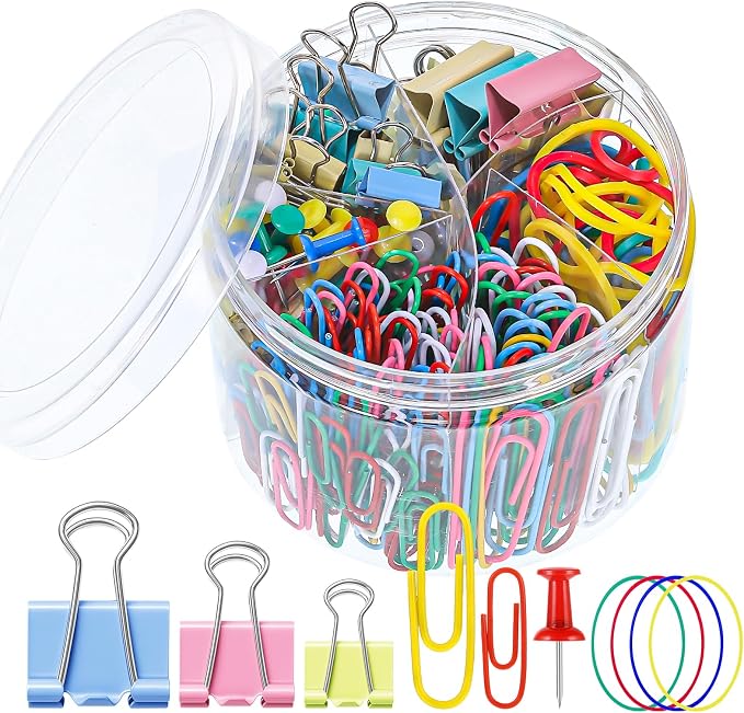350 Pcs Colored Paper Clips Assorted Sizes and Binder Clips, Paper Clamps Rubber Bands Push Pins Teacher Supplies for Classroom Office Desk Essentials