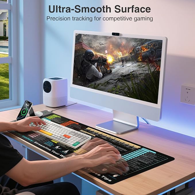 Wireless Charging Mouse Pad with Foldable Phone Holder | 31.5"x15.8" XXL Excel Cheat Sheet Desk Mat for Laptop/Keyboard, Waterproof Ultra-Smooth Surface, Non-Slip Base