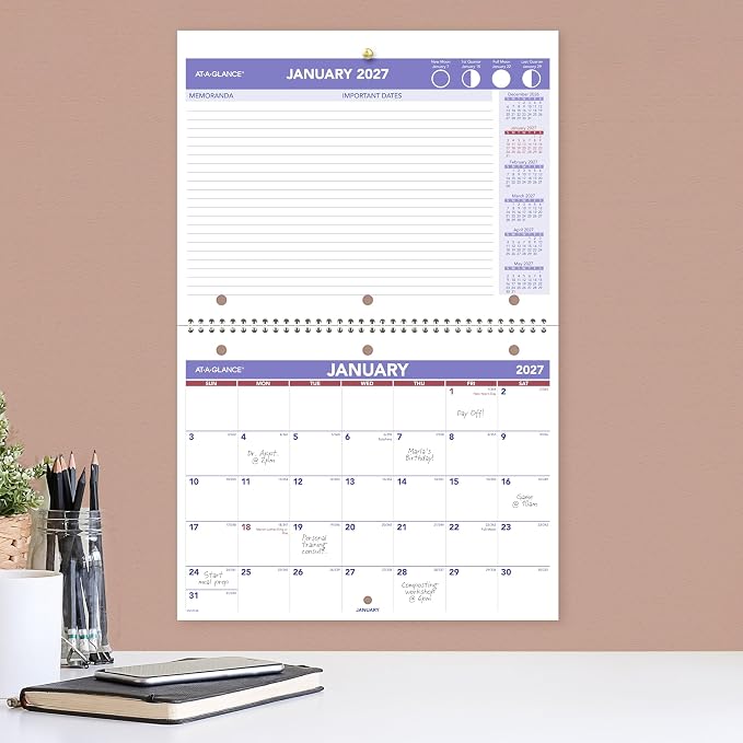 AT-A-GLANCE 2027 Wall Calendar, 8.5" x 11" Planner, Fits 3-ring Binder, Unruled Blocks, Monthly (PM1702827)