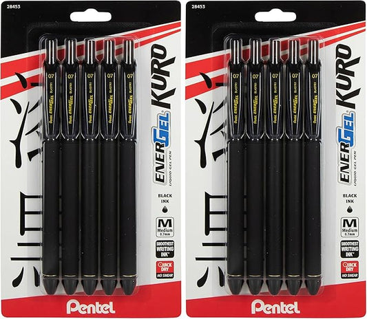 Pentel EnerGel Kuro Liquid Gel Pen, (0.7mm) Medium line, Black Ink, 10 Pack