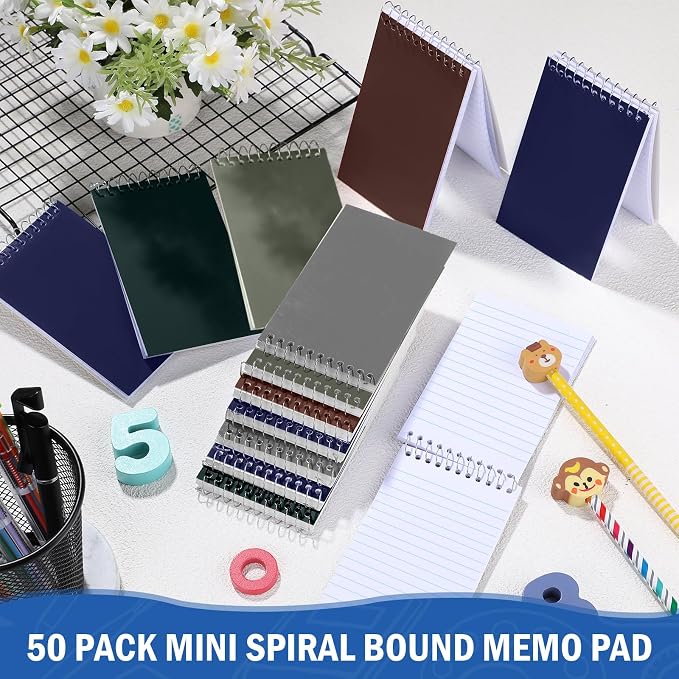 Teling 50 Pcs Pocket Notebooks Bulk Small Spiral Memo Pads 3x5'' Note Pads | Dark Color Mini Notepad, Back to School Supplies, Top Spiral Tiny Note Pad with Lined, Mini Journal for Office Work, 75 Sheet