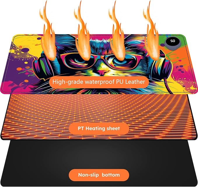 Heated Mouse Pad with 3 Levels Heated & 3 Hours Auto Shut-Off Mouse Pad for Warming Hands in Office Home, 31.5" x 13"Large Safe Desk Mat Hand Warmer，Colorful Eyeglass Cat