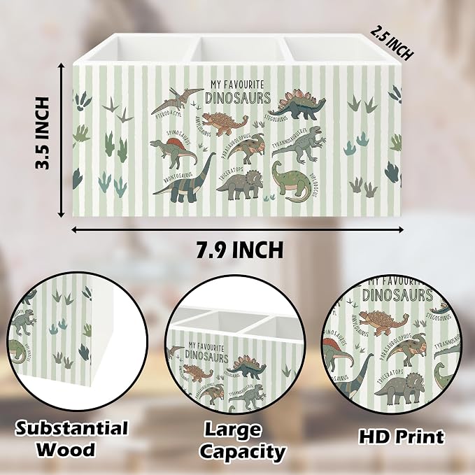 Dinosaur Pen Pencil Holder Organizer for Desk, Dino Type Educational Neutral Striped Wooden Box Signs Decorations for Kids Boy Nursery Room Classroom Desk Tabletop, Dinosaur Gifts for Kids