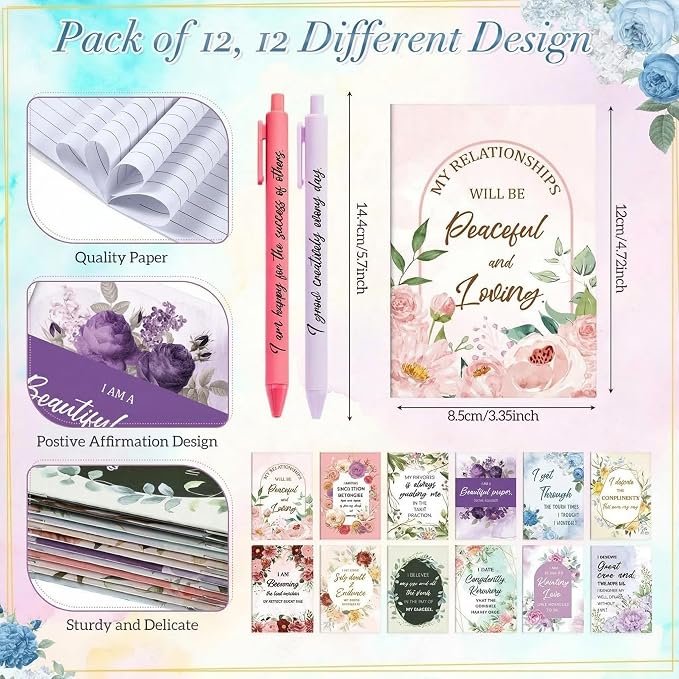 Mooliwe 24 Pcs Positive Affirmation Gift Set Gratitude Notebooks with Pens Small Bags Motivational Encouragement Notepads Daily Affirmations Journal for Women Stress Relief Self Care (Watercolor)