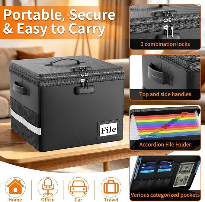 ENGPOW Fireproof Document Box with Locks and Accordion File Folder,Black | File Organizer with Multi-Pocket, Portable Home Office File Cabinet Safe Storage for Hanging Letter/Legal Size Folders