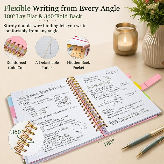 Hardcover Spiral Notebook 8''x 10'' College Ruled Notebook with Magnetic Closure, 300 Pages 5 Subject Notebooks with Pocket Dividers for Work School, B5 Leather Journal for Women, Men (Pink)