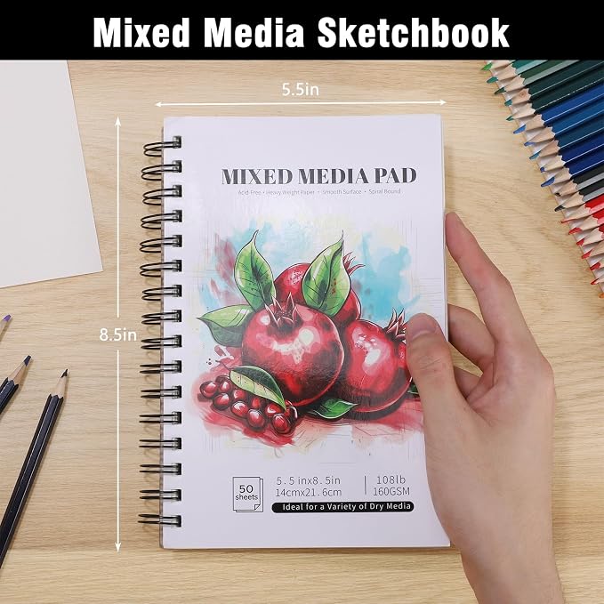 4 Pack Mixed Media Sketchbook, 5.5x8.5 inches Drawing Paper Sketch Book, 98lb/160gsm Heavyweight Spiral Bound Sketch Pads, Suitable for Wet and Dry Media, Drawing, Painting, Sketching(200 Sheets) | 160gsm acid-free paper, for dry and light wet media, l...