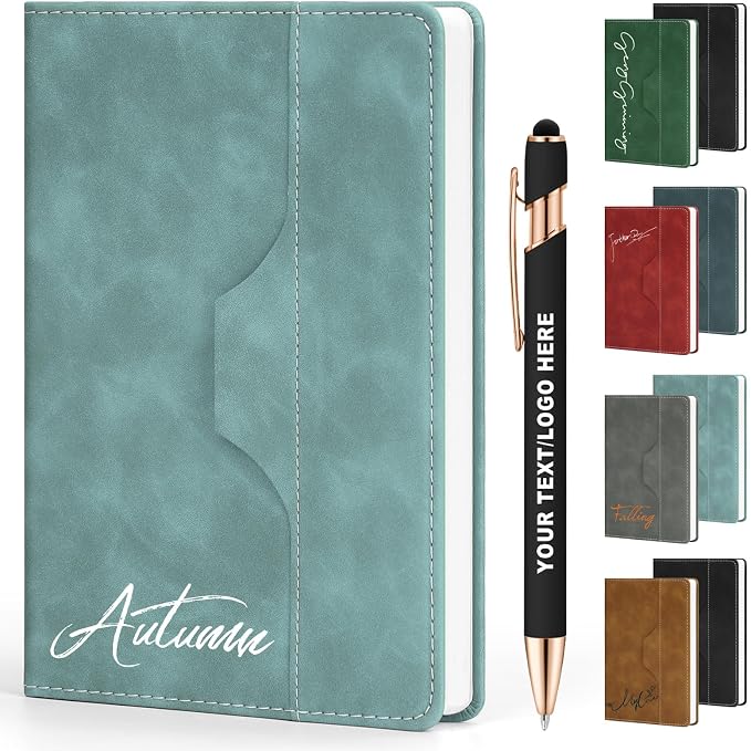 ENOMY Personalized Notebook Set Custom A5 Journal UV Printing Personalized Journal with 10 PC Metal Pens for College Birthday Travel Business Gift, Light Blue