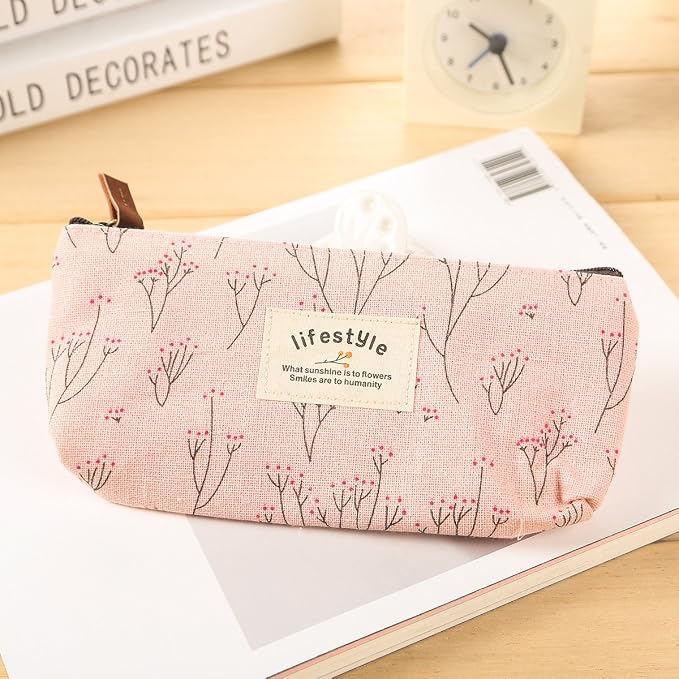 AKIRO Pencil Case, Cute Floral Flower Canvas Zipper Pencil Cases Lovely Fabric Flower Tree Pen Bags Supplies 4 Pcs