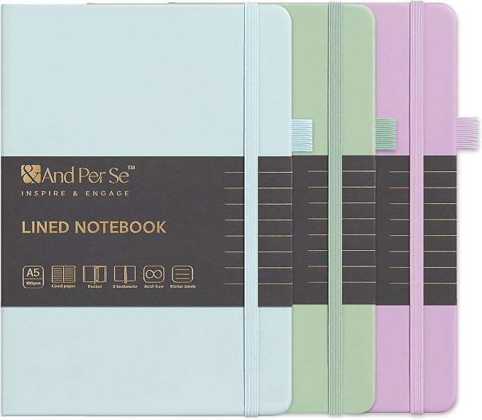 &And Per Se Lined Notebooks 3-Pack Gift Set, A5 Hardcover Journals, 160 Pages 100gsm Thick Paper, 3 Assorted Colors (Cyan, Purple & Light Green)