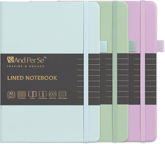 &And Per Se Lined Notebooks 3-Pack Gift Set, A5 Hardcover Journals, 160 Pages 100gsm Thick Paper, 3 Assorted Colors (Cyan, Purple & Light Green)