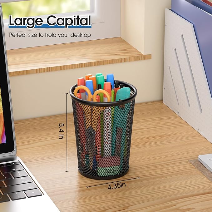 MaxGear Pen Holder for Desk 2 Pack, Mesh Metal, 5.4’’, Makeup Brush Holders | Desk Organizers, Scratch-Proof Metal Base, 4.35" x 4.35" x 5.4", For Home School Office, Multi-Purpose