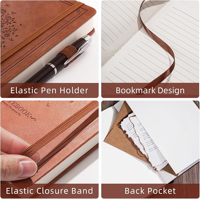 Lined Notebook with Gift Box for Women Men 320 Pages A5 Hardcover Leather with Pen Holder College Ruled Journals for Work Note Taking Travel School Brown
