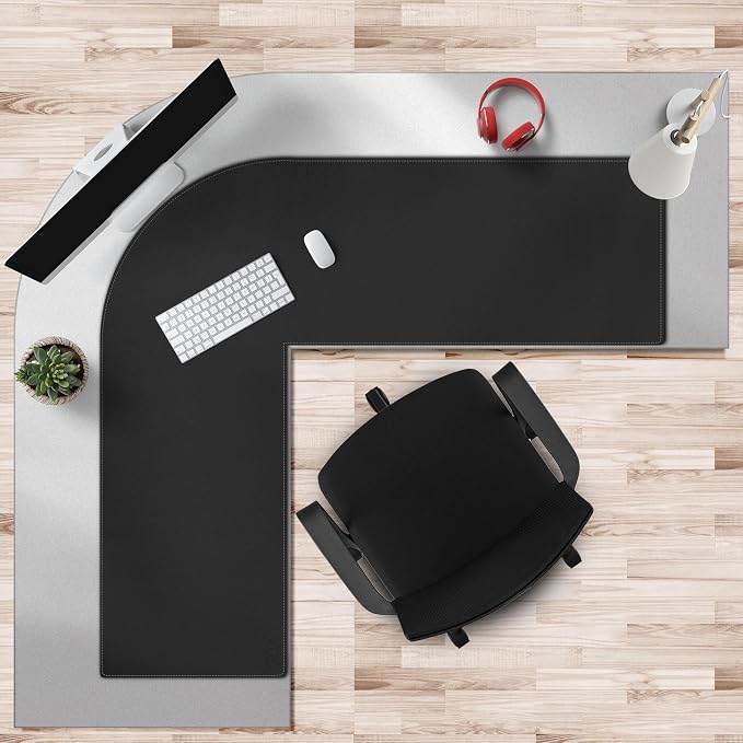 Cacoy 47" x 51" L Shaped Desk Pad, PU Leather Corner Desk Mat, Waterproof L-Shape Mouse Pad for Gaming Computer Home Office, Workstation Writing Desk Blotters Protector, Black