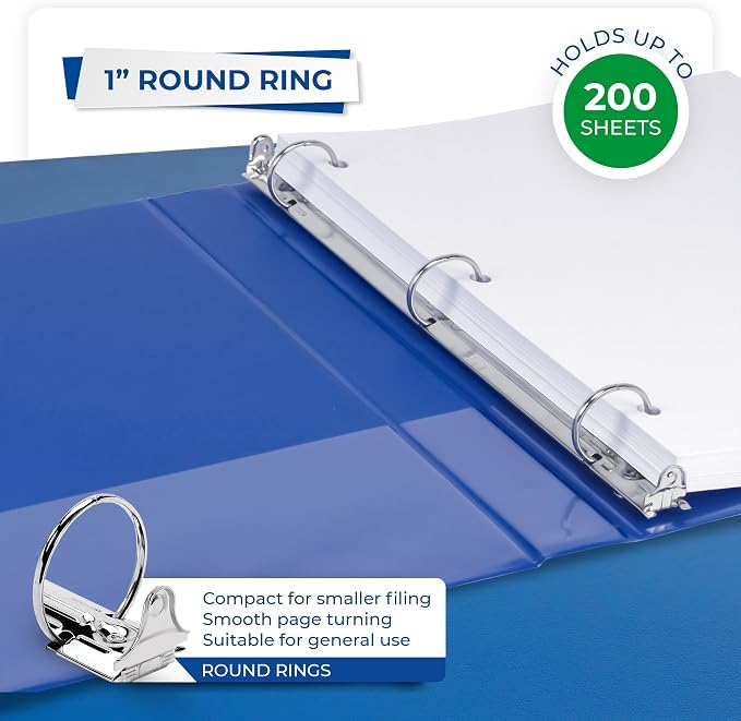 Samsill 1 Inch 3 Ring Binders, Economy Round Ring, Clear View Cover, 200 Sheet Capacity - for School, Home, Office - Blue, 12 Pack