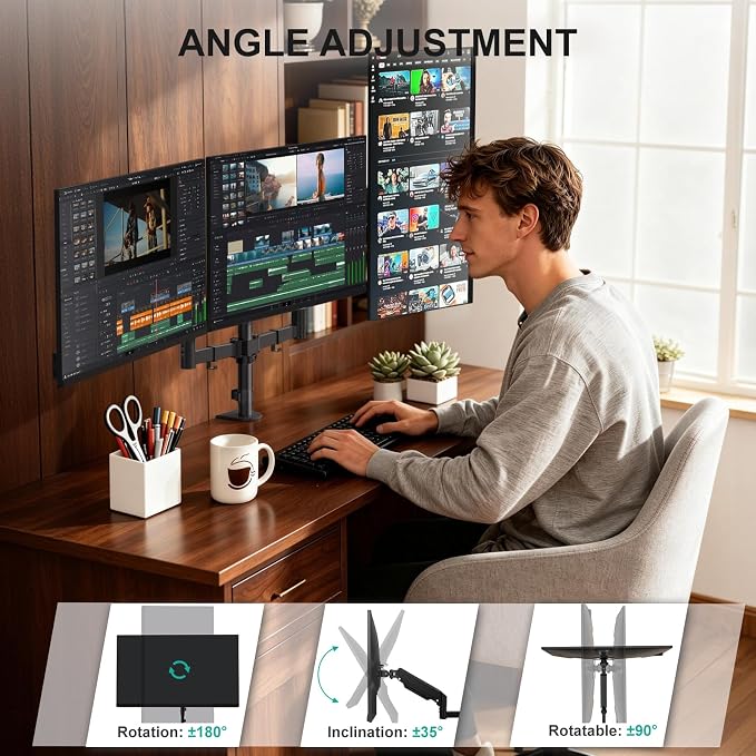 WALI Triple Monitor Mount for 13-32 inch Screens, up to 17.6 lbs per Arm | Adjustable 3 Monitor Desk Mount with Swivel, Tilt, Rotation, Triple Monitor Stand for Desk, VESA 75/100mm (GSDM003), Black