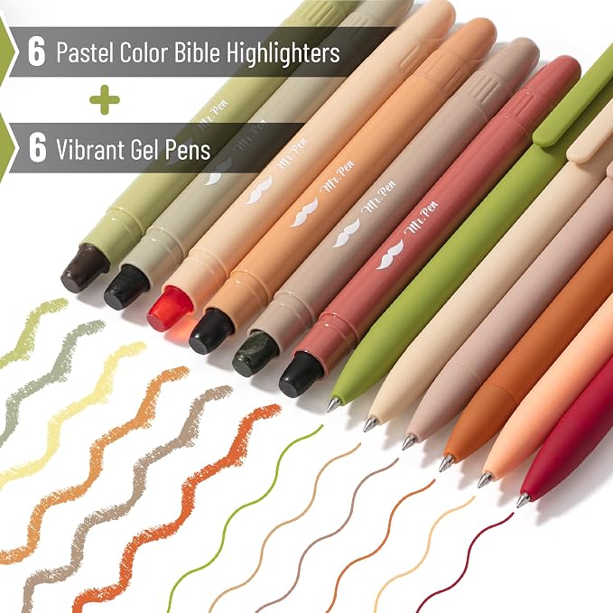 Mr. Pen- Bible Highlighters and Pens, 12 Pack, Bible Journaling Kit | 6 Colors Gel Highlighters No Bleed and 6 Colors Gel Pens, Fast Dry and No Smear for Journaling, Planner, School Supplies