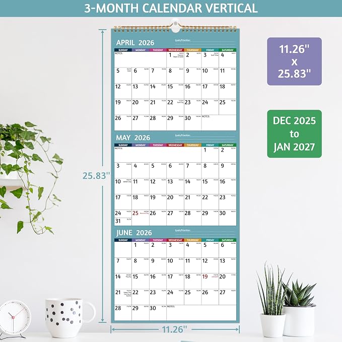 Wall Calendar 2026-2027 - 3 Month Calendar 2026-2027 Vertical, Apr 2026 - Jul 2027, 3 Month Wall Calendar, 11 x 26 In Open, 2026 Calendar with Large Print, Holidays, Thick Paper, Priorities ＆ Notes