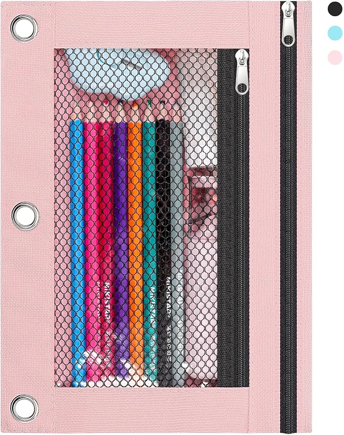 KONVINIT Pencil Pouch for 3 Ring Binder, Zipper Binder Pencil Pouch, Durable Cloth Pencil Case with 2 Pockets, Mesh Window Pencil Case Pouch for School Supplies, Cables, Earbuds, Makeup, Pink
