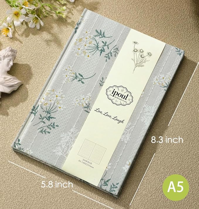 Floral Journal for women, Floret Printed Fabric Cloth Hardcover, A5, 200 Pages, 6x8 Medium Ruled Notebook, Similar Embroidered Linen Journal, Lay Flat Church Notes Notebook, Beige