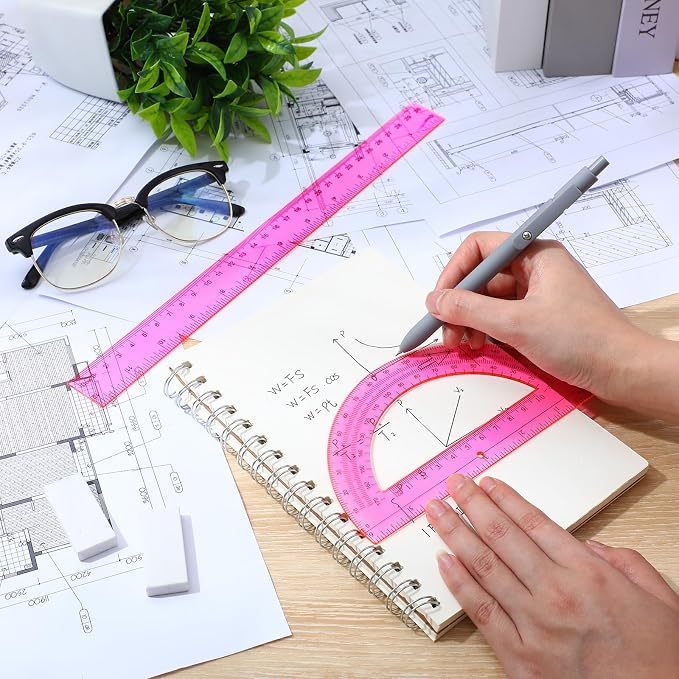 Zonon 2 Pcs 12 Inch Clear Ruler and 6 Inch Plastic Protractor Set, Dual Scale Inch/Cm Math Geometry Measuring Tools for Back to School Students Teachers Classroom Office Drafting Use(Pink)