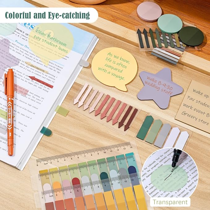 BAYTORY 1700 Sheets Transparent Sticky Notes, See Through Sticky Tabs | Book Annotation Kit for Bible Study, 4Pcs Double Marker Pens, Transparent Index Tabs for Annotation Kit (Dark Colors)