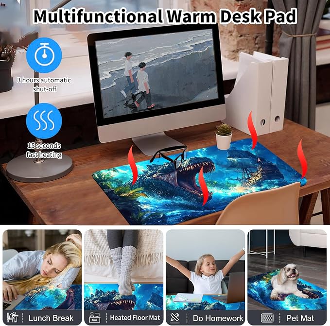 Heated Desk Pad Mouse Pad,Heated Desk Mat,with 3 Heating Levels & 3 Hours Auto Shut-Off,Leather 23.6"*14.2" Gaming Mouse Laptop Mat,Foot Warmer,Blue Dinosaur Ocean